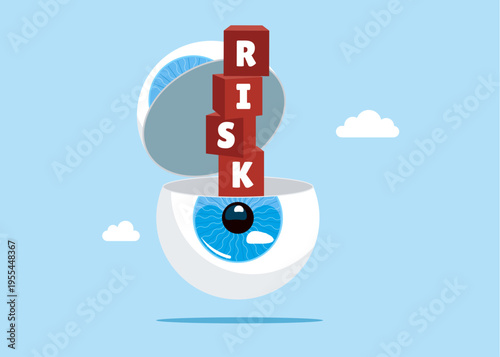 Open globe of the eye with cubics on stack with the word RISK. Financial accounting fraud. Risk management, control or assess to lose money in investing. Modern vector illustration in flat style. 