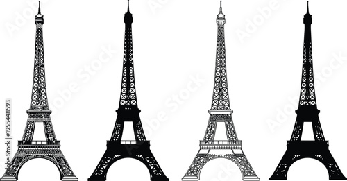 Eiffel Tower silhouette illustration set, Paris landmark artwork, architectural vector design concept