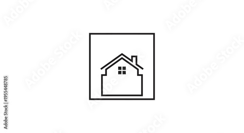 A minimalist line art illustration of a house with a pitched roof and windows, enclosed within a square frame.