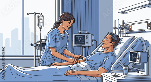 Nurse checking on a male patient in a hospital bed with medical equipment and city view in the background.