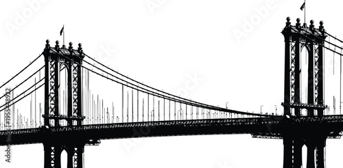 Manhattan Bridge silhouette illustration set, New York suspension bridge landmark artwork, urban architecture vector design concept