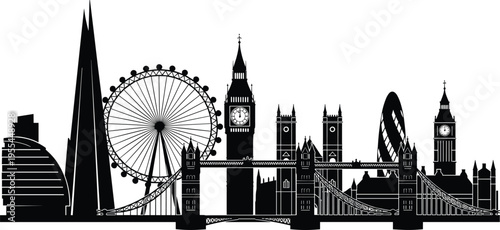 London skyline silhouette illustration set, Tower Bridge Big Ben London Eye Shard Gherkin Palace of Westminster artwork, vector design concept