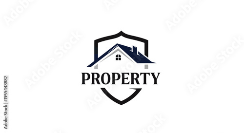 A logo featuring a house icon with a dark blue roof inside a black shield outline, with the word "PROPERTY" written below it, on a white background.