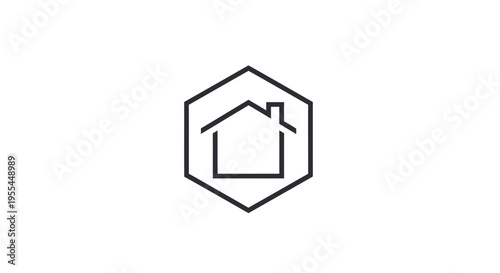 Free Download A minimalist line art icon featuring a simple house with a chimney inside a hexagonal frame, on a white background, representing home or property. - GFXLoad
