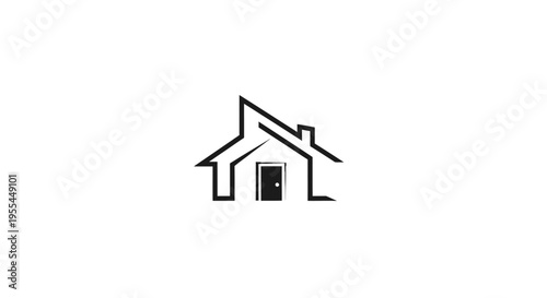 Minimalist line art drawing of a house with a prominent door on a white background, representing home and shelter.