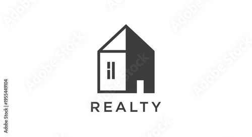 Minimalist black and white realty logo featuring a stylized house icon with a split design and the word REALTY.