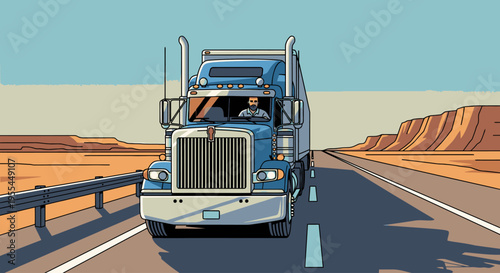 A blue semi-truck drives down a desert highway with a guardrail, surrounded by orange rock formations under a blue sky.
