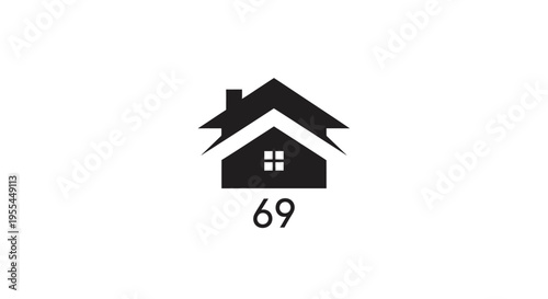 A black stylized house icon with a smaller house silhouette inside, featuring a small window, and the number 69 centered below, on a white background.