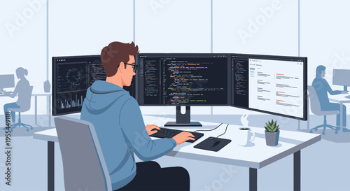 Illustration of a young man coding at a desk with multiple computer monitors in a modern office setting with a minimalist aesthetic.