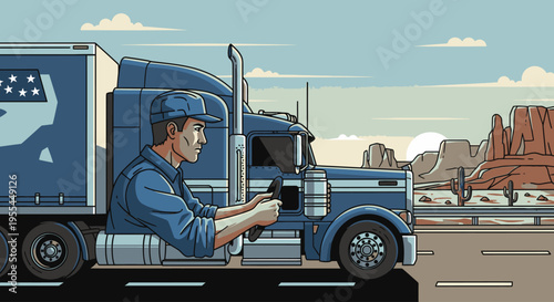 Illustration of a truck driver driving a large blue semi-truck on a desert highway with rocky formations in the background, wearing a blue uniform and cap.