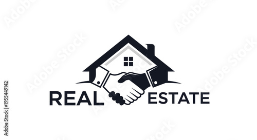 A logo for real estate business featuring a house silhouette and a handshake, symbolizing property deals and trust.
