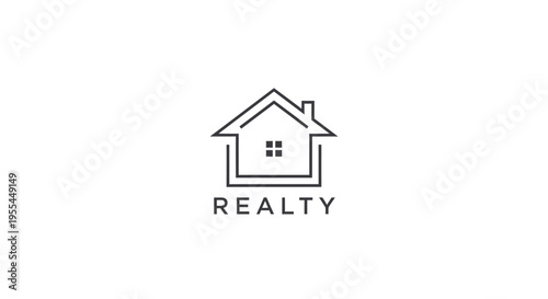 Minimalist line art logo featuring a simple house outline with a chimney and a small window, with the word REALTY centered below, on a white background.