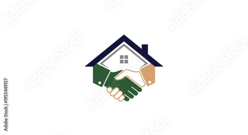 A logo featuring a house with two hands shaking underneath, symbolizing real estate partnership or home buying and selling.