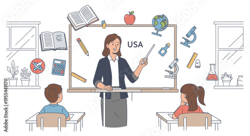 Illustration of a female teacher standing in front of a classroom whiteboard with two students sitting at desks, surrounded by educational icons and symbols.