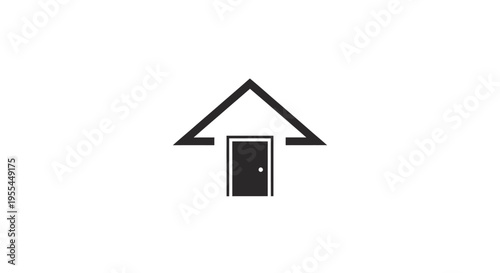Minimalist black and white graphic of a house roof shaped like an upward arrow with a door.