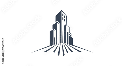 Stylized monochrome illustration of modern city buildings with perspective lines.