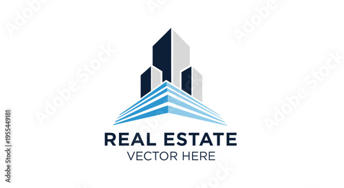 A modern real estate logo featuring stylized skyscrapers and a geometric blue base on a white background.