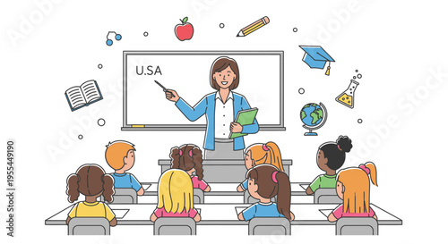 Illustration of a diverse group of children sitting at desks in a classroom while a teacher stands at the front writing on a screen with educational icons around.