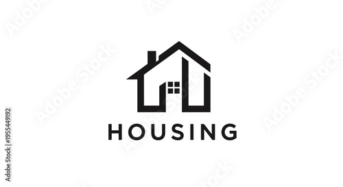 A black and white logo featuring a stylized house shape with the word "HOUSING" below it.