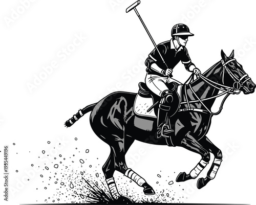 Polo player horse silhouette illustration set, equestrian sport mallet artwork, dynamic motion vector design concept