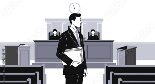 A man in a suit holds a file standing in a courtroom with a judge and jury in the background.