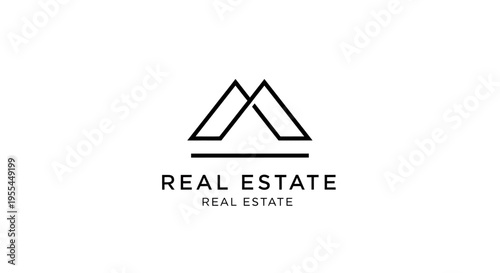A minimalist black and white real estate logo featuring a stylized house roof icon above the text "REAL ESTATE" on a clean white background.