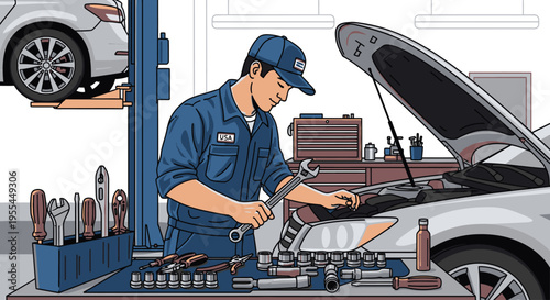 Mechanic in blue uniform working under the hood of a silver car in a garage with various tools.