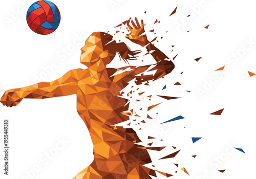 Volleyball player polygonal silhouette illustration set, dynamic serve hit athlete artwork, geometric motion vector design concept