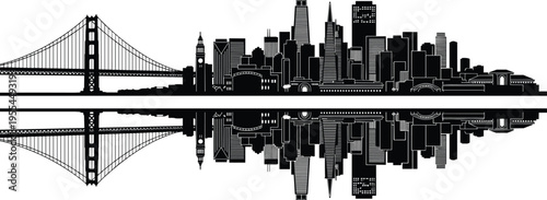 San Francisco skyline silhouette illustration set, Golden Gate Bridge Transamerica Pyramid Salesforce Tower artwork, city reflection vector design concept