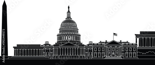 Washington DC landmark silhouette illustration set, Capitol White House Lincoln Memorial Washington Monument artwork, patriotic vector design concept