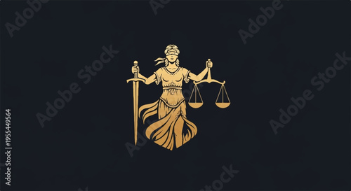 Justice symbol with golden scales and sword on black background representing law and order concept