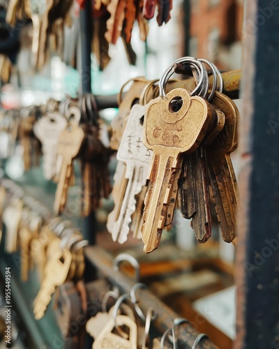 Bunch of old brass keys on a ring hanging in a locksmith shop display