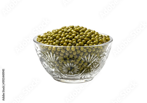A clear glass bowl filled with whole, dry green mung beans, isolated on transparent background