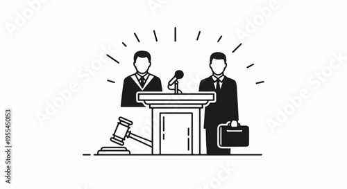 Two businessmen standing behind a podium with a gavel and briefcase courtroom or conference setting
