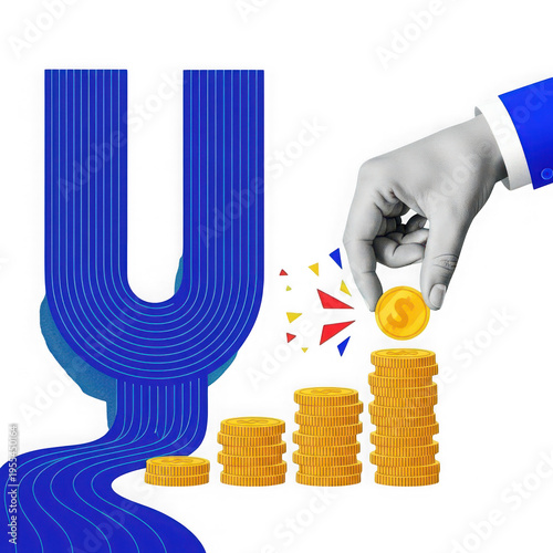 A hand putting a coin on top of a stack of coins with a large blue u shaped magnet attracting them isolated on transparent background