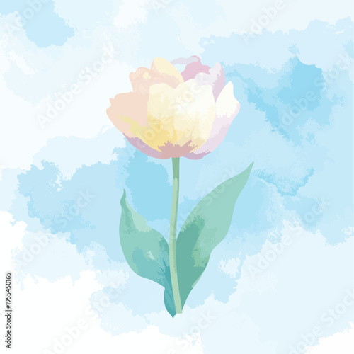 A beautiful flower blooms under sunny blue skies with white clouds.