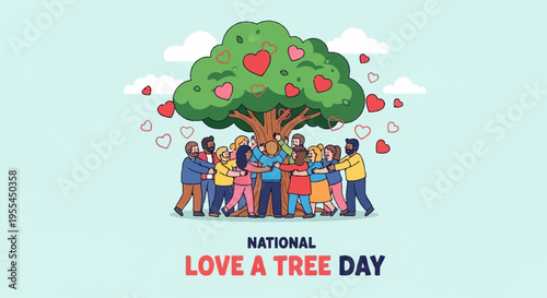 Diverse group of people hugging tree with hearts on love a tree day outdoors