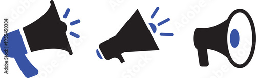 Megaphone Communication Icon Set: A vibrant collection of megaphone icons, designed for effective communication and announcements. Capturing attention with bold visual and concise messaging.