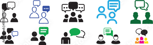 Communication Icon Set: A collection of various icon designs symbolizing communication, conversation, and dialogue. The icons capture the essence of interaction, ideas.
