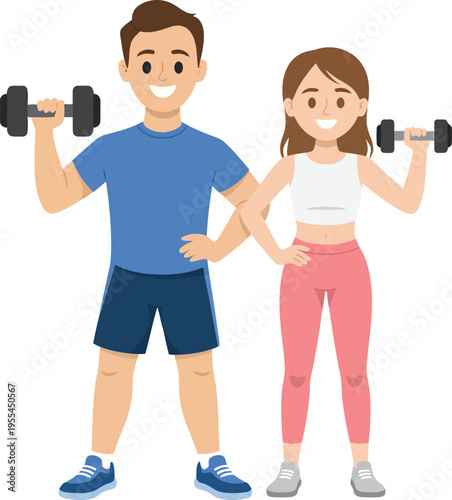 Cartoon man and woman exercising with dumbbells