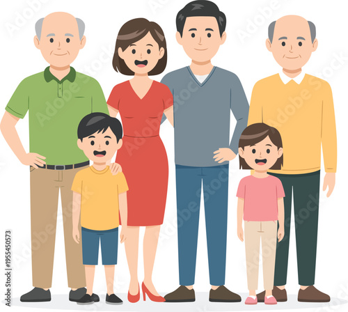 A cartoon family of six standing together