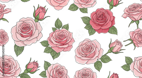 Pink Roses with Green Leaves Pattern.
