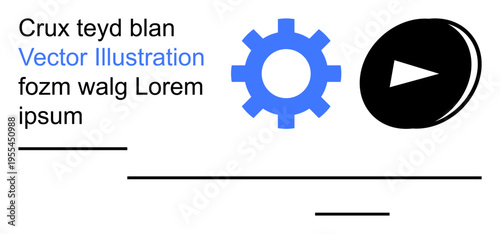 Technology, media, automation, content creation, branding graphic design. Blue gear icon alongside a black play button. Technology and media concept. Line metaphor. Simple line icons