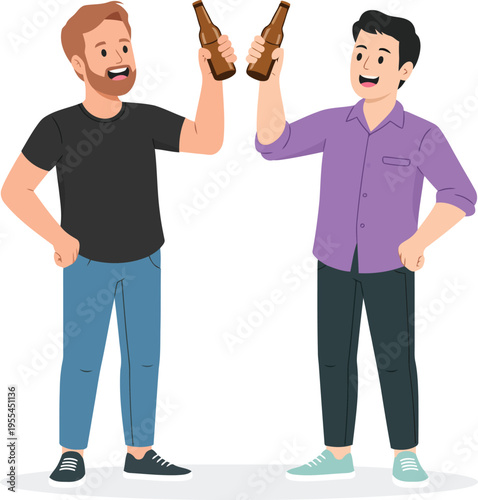 Two men toasting with beer bottles