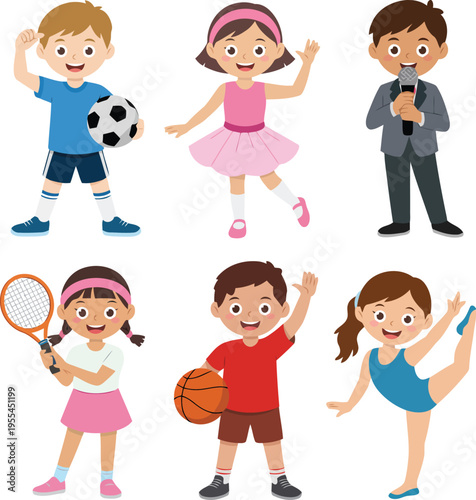 Cartoon children engaging in various sports and activities