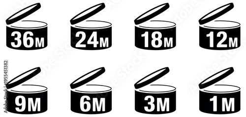 PAO cosmetic vector icons set showing shelf life symbols from 1 to 36 months, for beauty and skincare packaging, product labeling, and regulatory design, vector graphics
