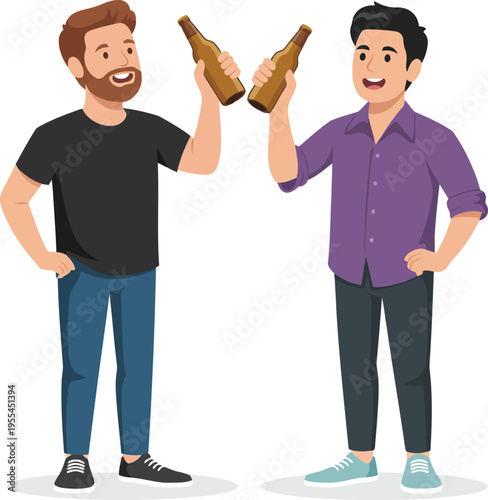Two men toasting with beer bottles