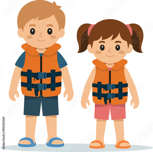 Two cartoon children wearing orange life jackets