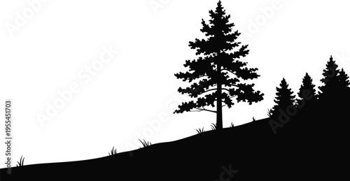 Silhouette vector of pine trees on sloping hill with grass tufts, natural forest landscape design for outdoor nature illustration scenery