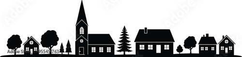 Silhouette vector of rural village houses, church steeple, and trees representing peaceful countryside community in minimalist graphic design style